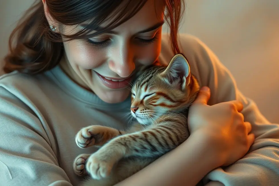 Uma pessoa abraçando seu gato, simbolizando amor e conexão.