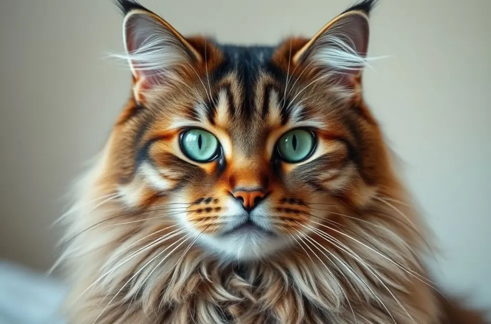 Retrato de um gato Maine Coon grande com olhos verdes e pelagem exuberante, destacando a beleza de raças felinas grandes.