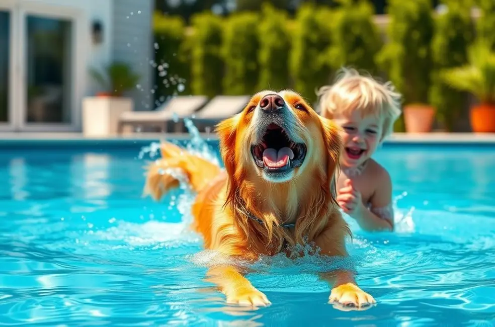 Golden Retriever e criança brincando felizes na piscina em um dia de sol.