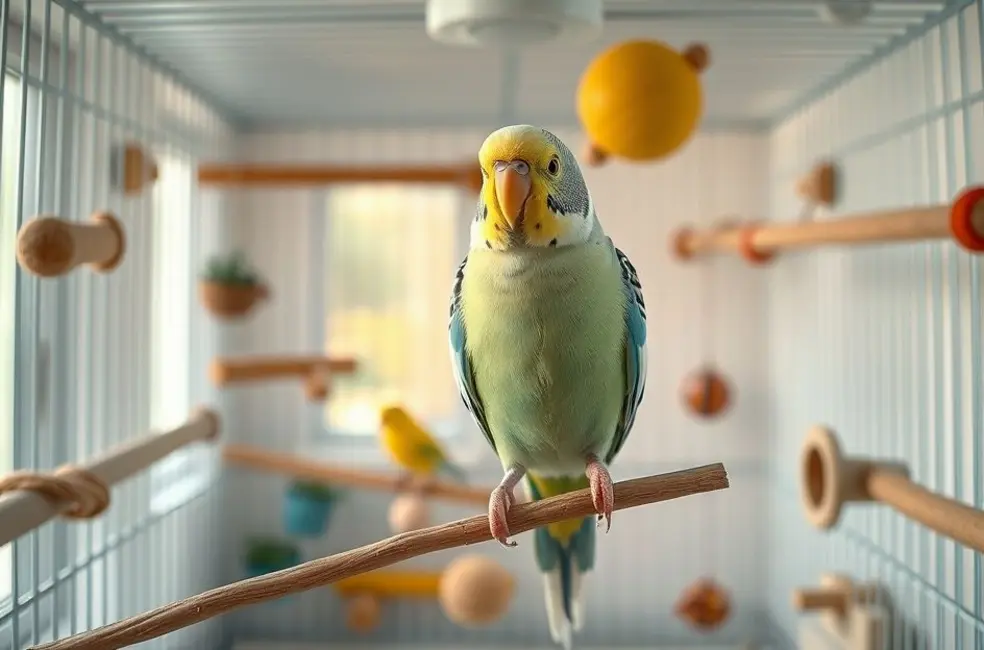 Periquito verde vibrante em uma gaiola grande e bem equipada, simbolizando segurança e bem-estar para aves domésticas.