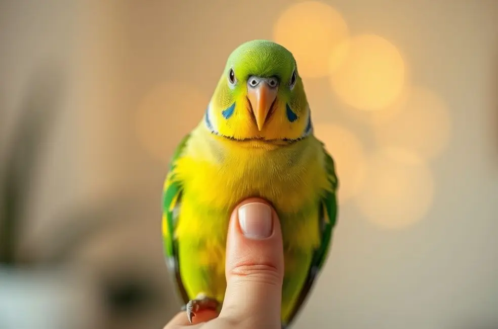 Periquito verde e amarelo pousado na mão de uma pessoa, representando um pet feliz e bem cuidado em um ambiente seguro.