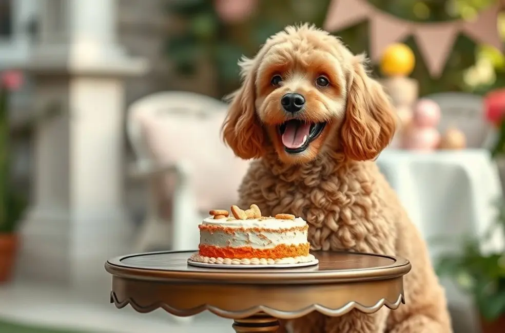 Poodle caramelo feliz ao lado de um bolo miniatura para pets, em um cenário de festa.