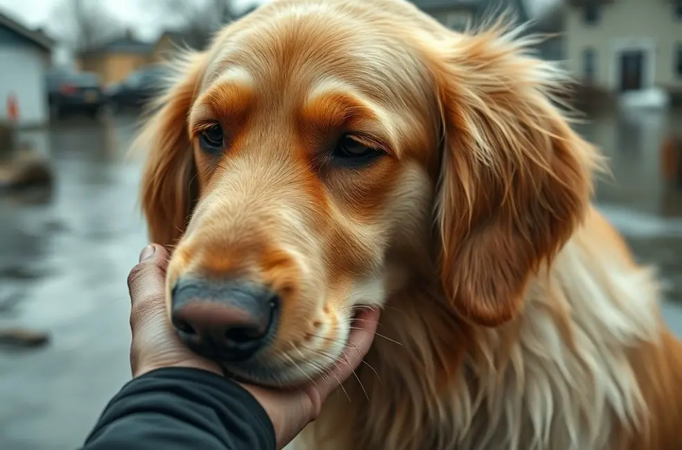 Cão reencontra seu tutor após enchente, com expressão de carinho e esperança, sendo acariciado por uma mão emocionada.
