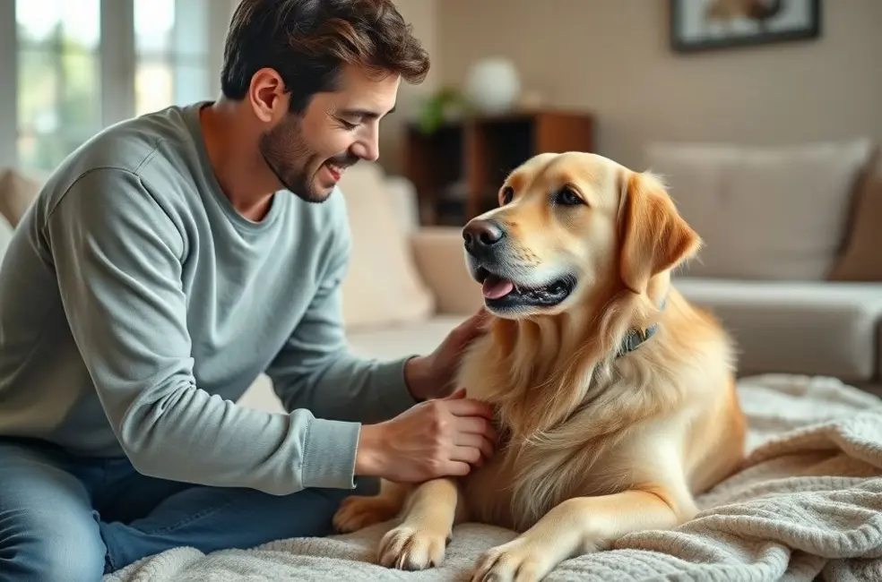 Um Golden Retriever sentado em um cobertor, sendo acariciado por seu tutor, que observa o animal com carinho.