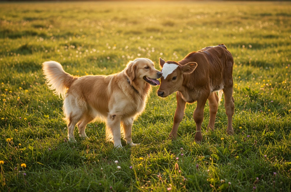 A amizade incomum entre um golden retriever e um bezerro em um campo ensolarado, inspirando alegria e conexão.