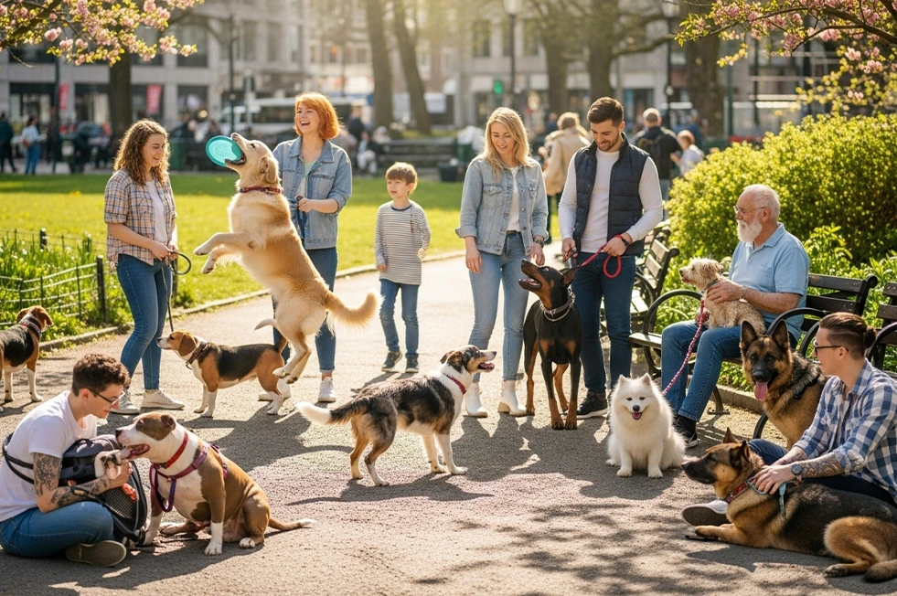 Uma imagem vibrante de vários tutores e seus cães, mostrando a diversidade e a alegria do vínculo compartilhado.