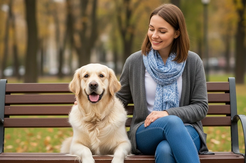 Uma mulher calma sentada em um banco de parque com seu golden retriever, ambos com expressões gentis e linguagem corporal relaxada, ilustrando o efeito espelho