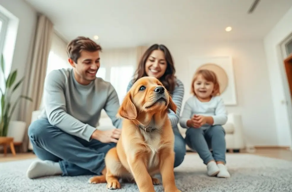 Família feliz brincando com seu filhote de golden retriever em uma sala de estar limpa, simbolizando o sucesso do adestramento sanitário.