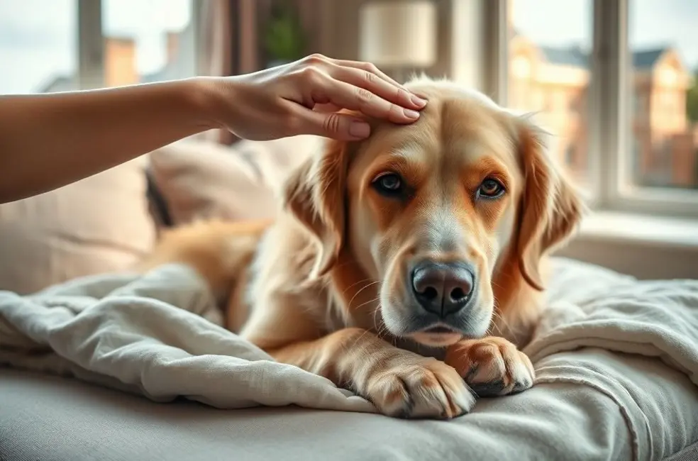 Fotografia de um cão sênior sendo acariciado por uma mão humana em um ambiente doméstico aconchegante, representando a alegria da adoção.