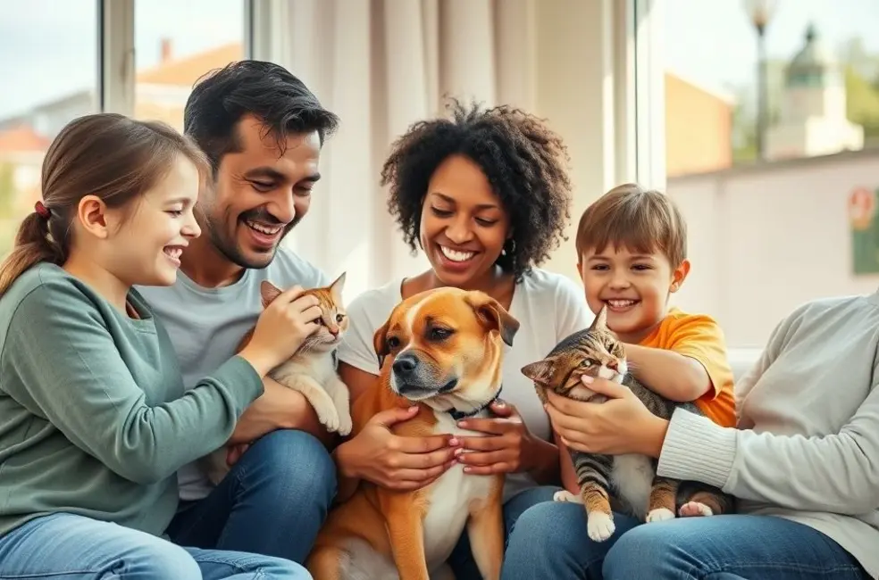 Uma família diversa de Taboão da Serra interagindo alegremente com um cão e um gato resgatados em um ambiente doméstico ou parque local.