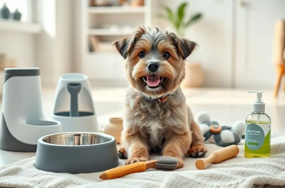 Um cão pequeno saudável e contente rodeado por comedouro ergonômico, bebedouro, coleira peitoral, brinquedo e produtos de higiene.