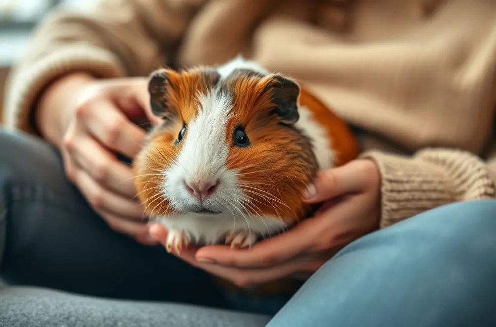 Porquinho-da-índia tricolor e feliz, descansando no colo de uma pessoa. A imagem ilustra o vínculo afetivo e os cuidados responsáveis com esses pets pequenos.