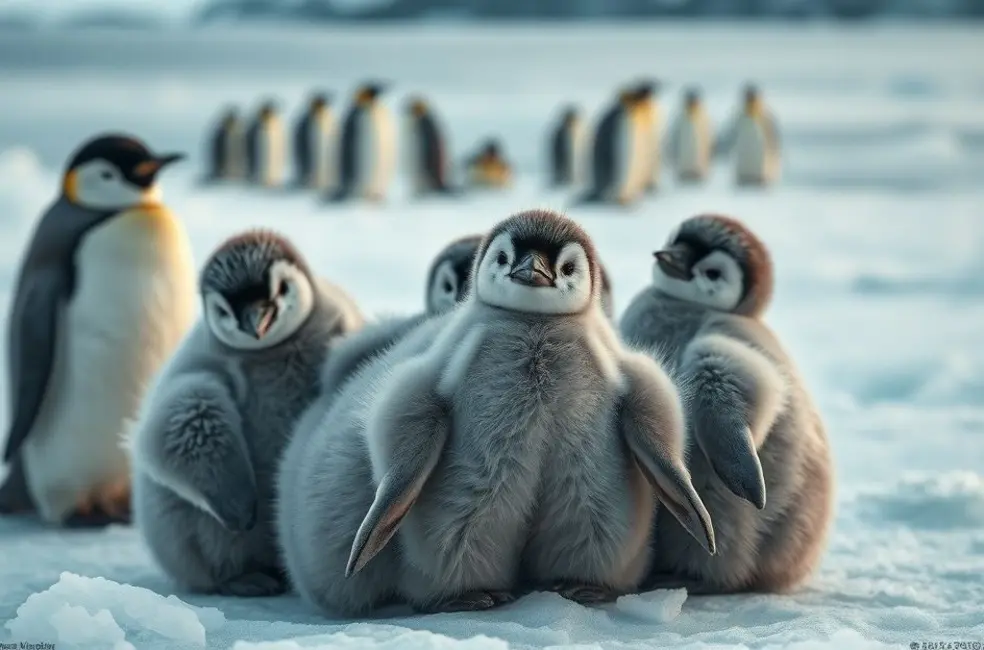 Filhotes de pinguim cinzentos e fofos agrupados em uma costa gelada, com um deles olhando curiosamente, refletindo o tema de brincadeiras e aventura.