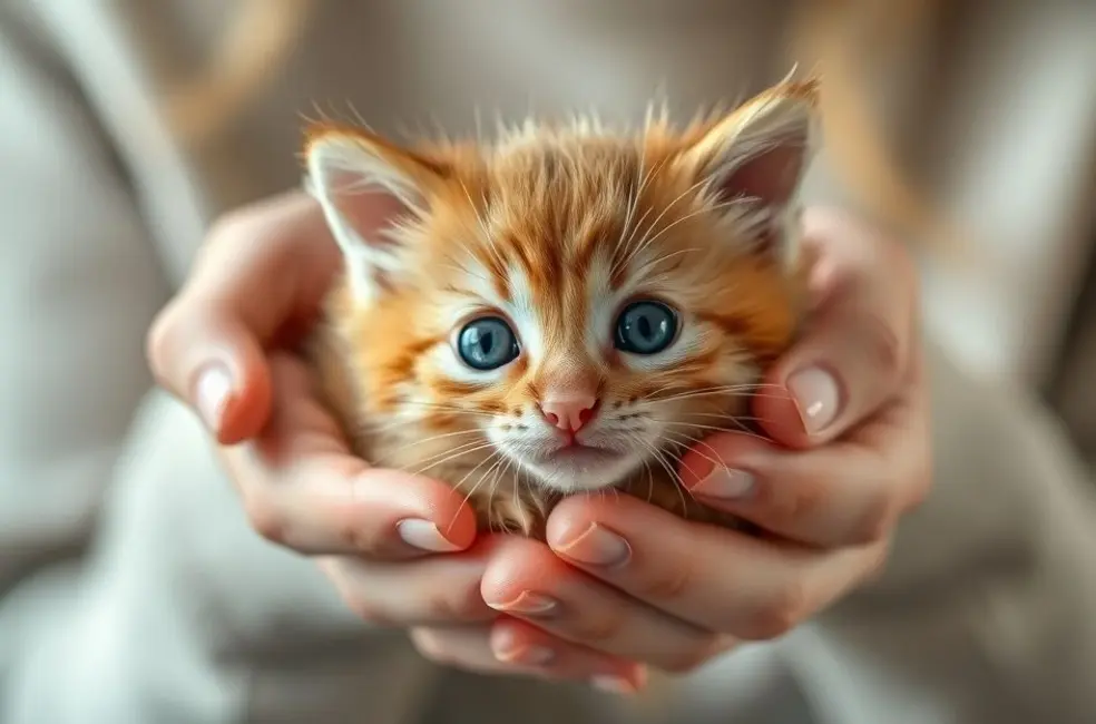 Gatinho filhote ruivo sendo segurado gentilmente por mãos humanas, transmitindo segurança e afeto.