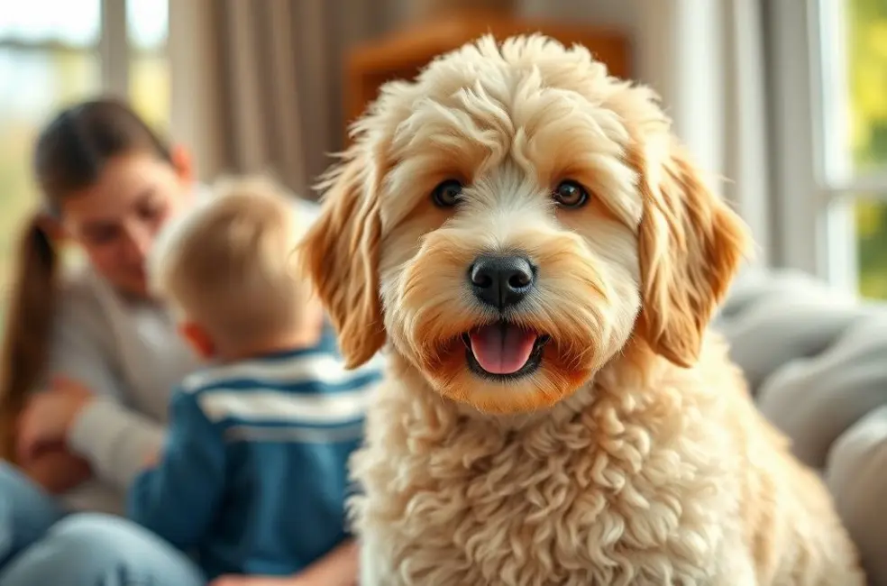 Goldendoodle feliz e brincalhão com pelagem dourada, transmitindo alegria e companheirismo em um ambiente familiar.