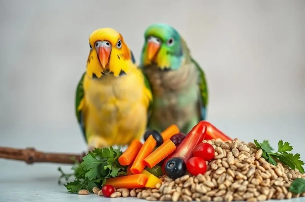 Dois pássaros domésticos em um poleiro, com uma seleção de frutas, vegetais e ração extrusada à frente.