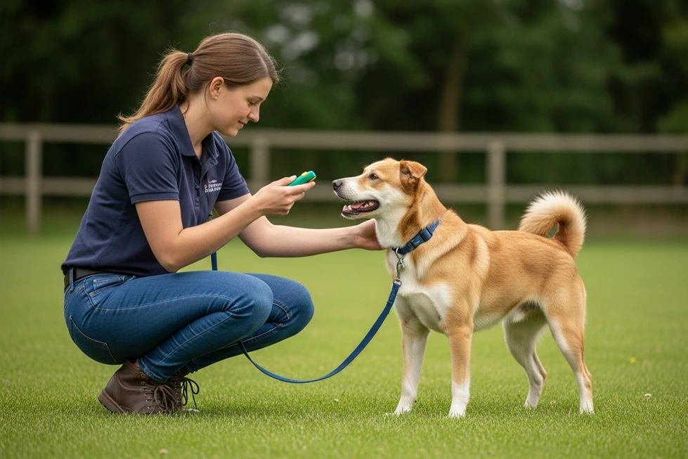Adestrador utilizando um clicker para treinamento de um cachorro.