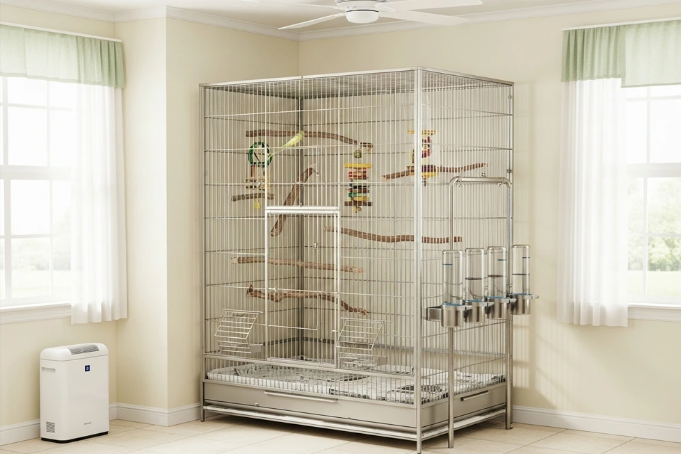 Ambiente bem decorado para pássaros, com poleiros, brinquedos e água limpa.