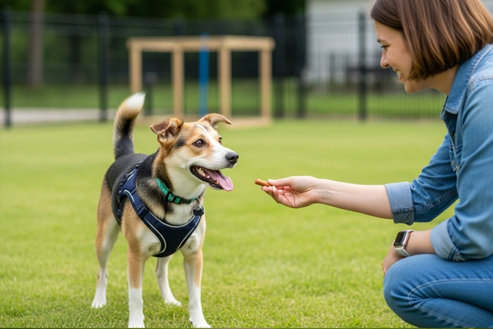 Cachorro alegre recebendo um petisco como recompensa.