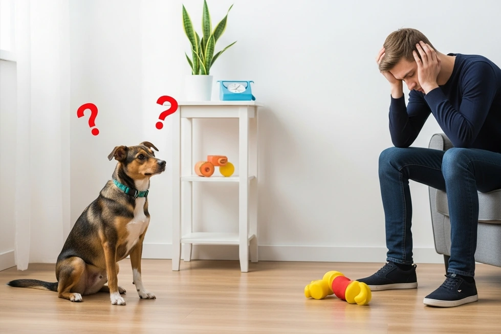 Cachorro mostrando confusão durante um treino mal executado.