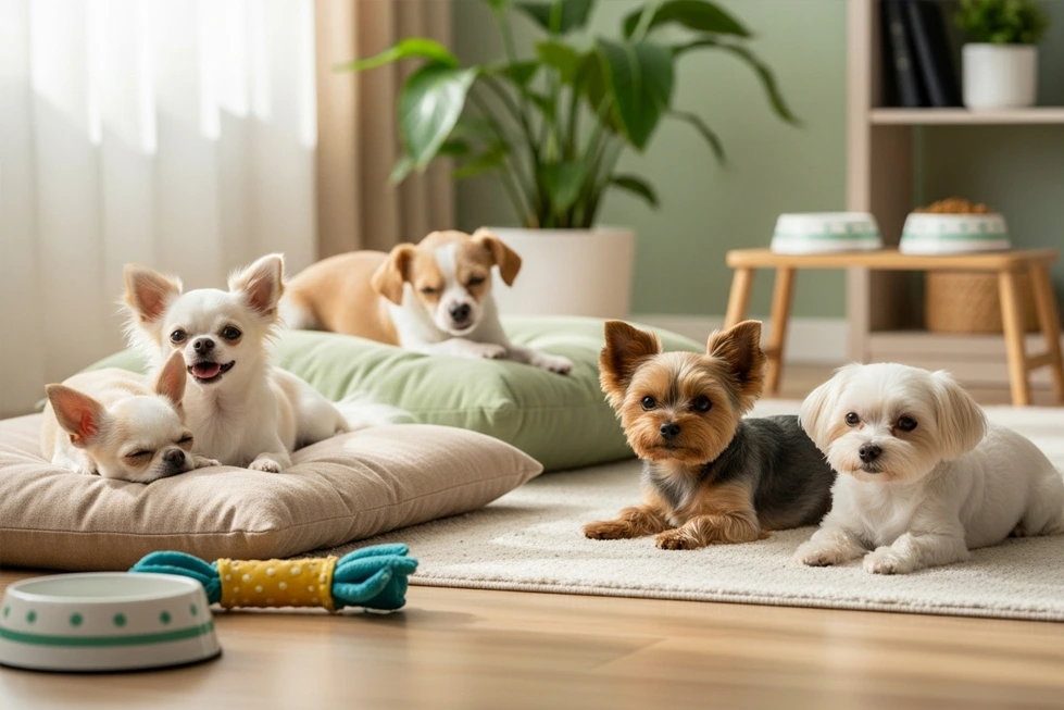 Cães pequenos felizes utilizando produtos inovadores para bem-estar.