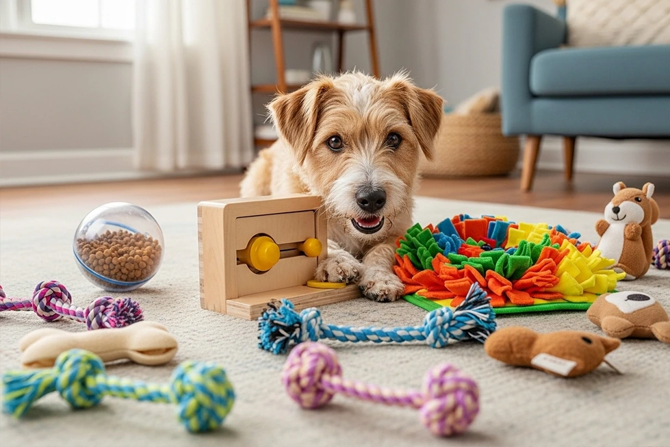 Cão pequeno brincando com um brinquedo interativo feliz.