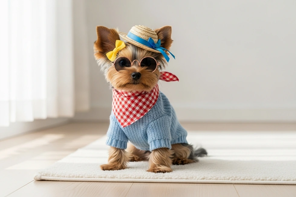 Cão pequeno usando um suéter estiloso enquanto passeia no parque.