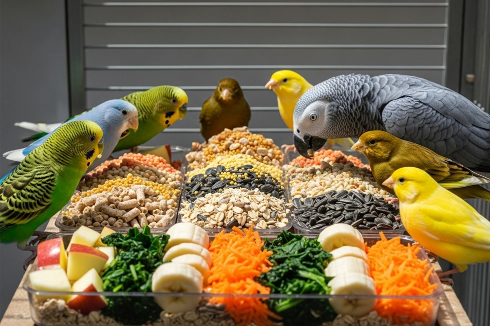 Diversos tipos de sementes, frutas e vegetais para alimentação de pássaros.