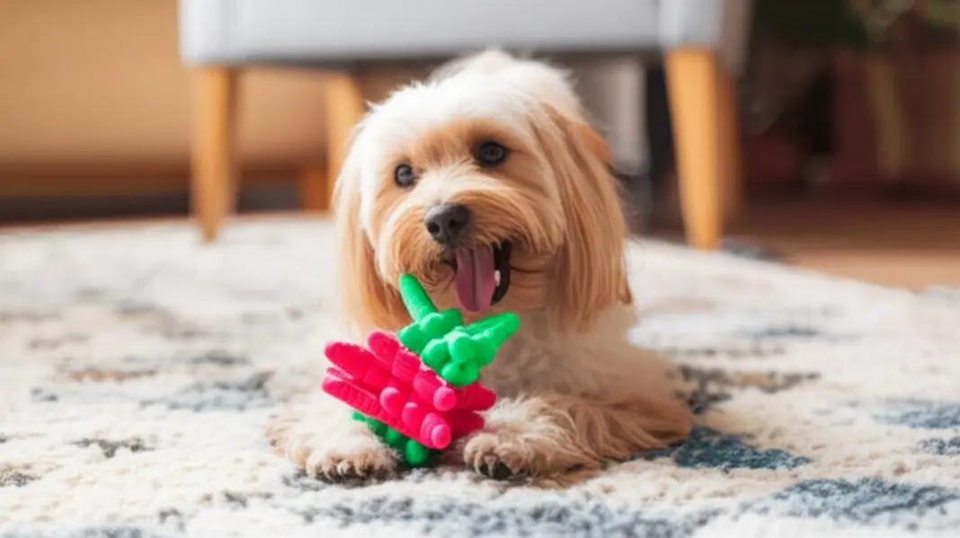 Cão pequeno brincando em um ambiente aconchegante.