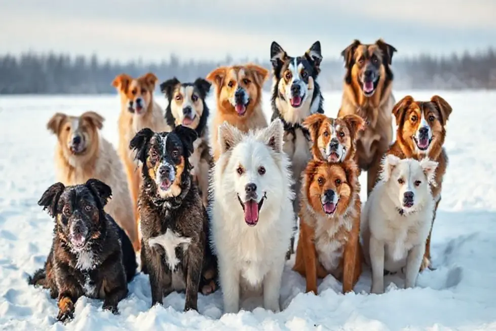 Imagem de vários cães brincando na neve, representando a diversidade de raças e cuidados no inverno.