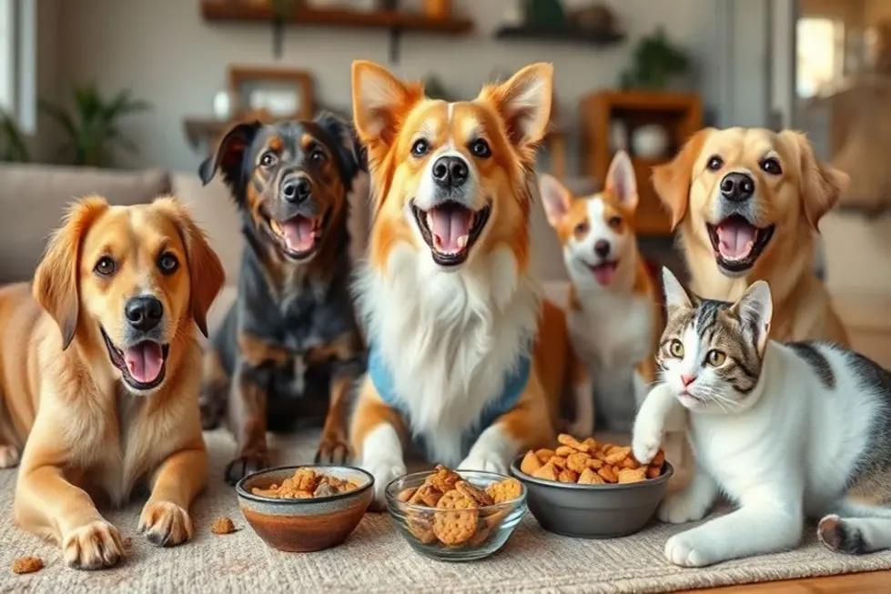 Animais de estimação felizes comendo petiscos saudáveis.